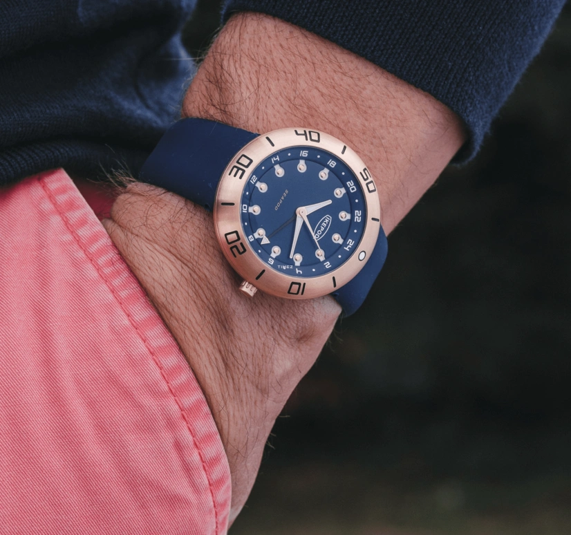 Ikepod,Seapod 46mm,46mm,Bronze,Blue,Automatic,Dule Time,Sapphire,Crystal Glass,S005,S005-SI-LC