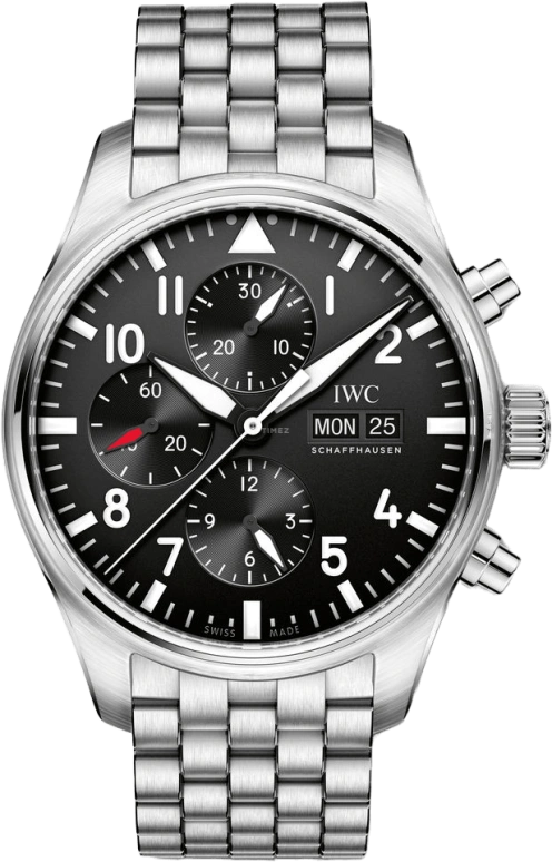 IWC,Pilot 43mm,43mm,Stainless Steel,Black,Automatic,Chronograph,Date,Day,Anti-magnetic,44hours,In-house Caliber,IW377710