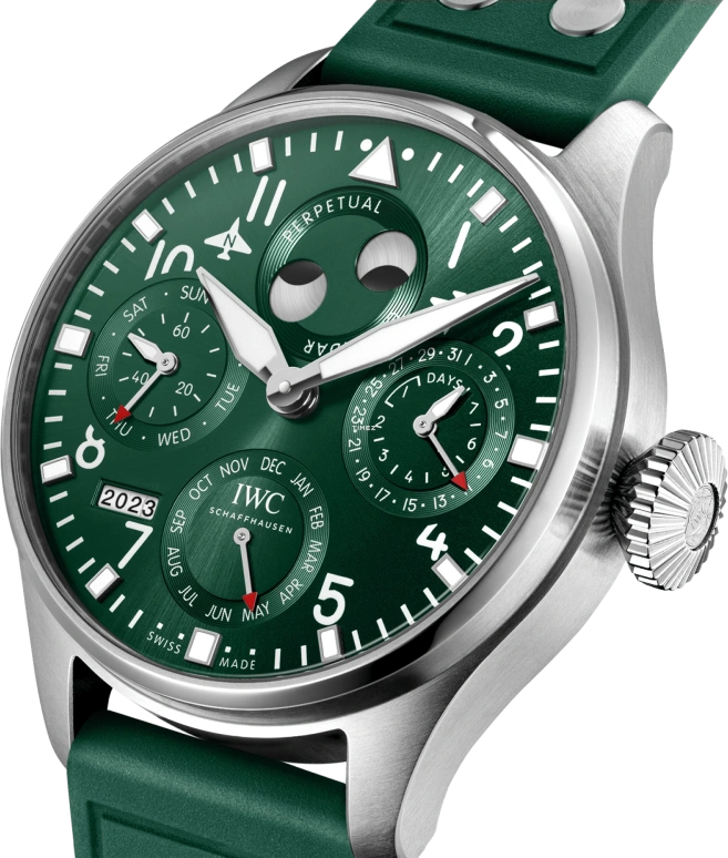 IWC,Pilot 46.20mm,46.20mm,Stainless Steel,Green,Automatic,Moonphase,Perpetual Calendar,Month,Date,168hours,In-house Caliber,IW503608