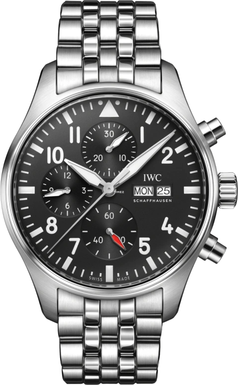 IWC,Pilot 43mm,43mm,Stainless Steel,Black,Automatic,Chronograph,Date,Day,IW378002