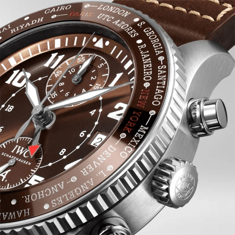 IWC,Pilot 44mm,44mm,Stainless Steel,Brown,Automatic,Chronograph,Day,World Time,Flyback,68hours,In-house Caliber,IW395003