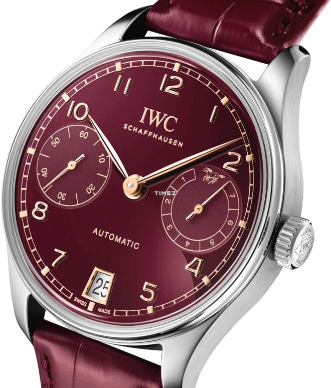 IWC,Portugieser 42.40mm,42.40mm,Stainless Steel,Burgundy,Automatic,Day,Power Reserve Indicator,IW501709
