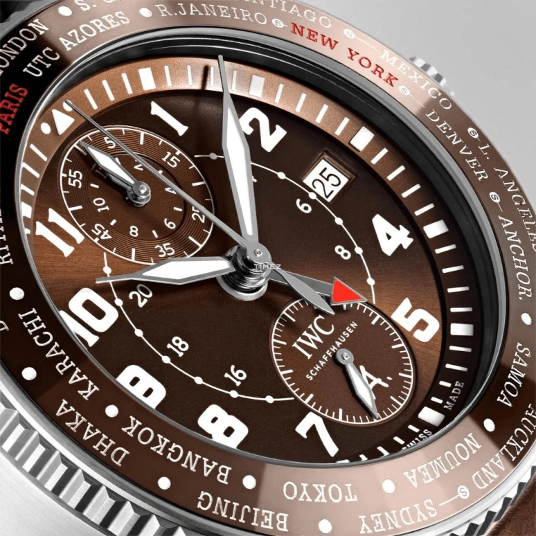 IWC,Pilot 44mm,44mm,Stainless Steel,Brown,Automatic,Chronograph,Day,World Time,Flyback,68hours,In-house Caliber,IW395003