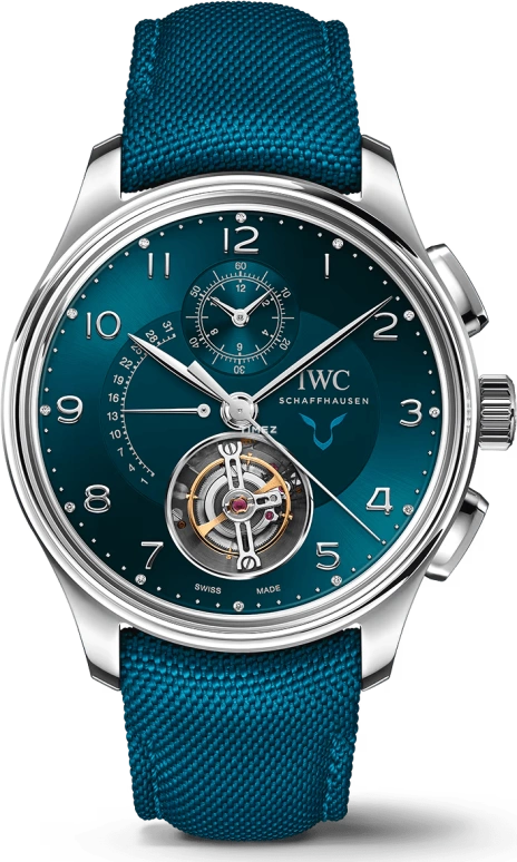 IWC,Portugieser 43.50mm,43.50mm,Platinum,Cyan,Automatic,Chronograph,Day,Tourbillon,Flyback,68hours,In-house Caliber,IW394008