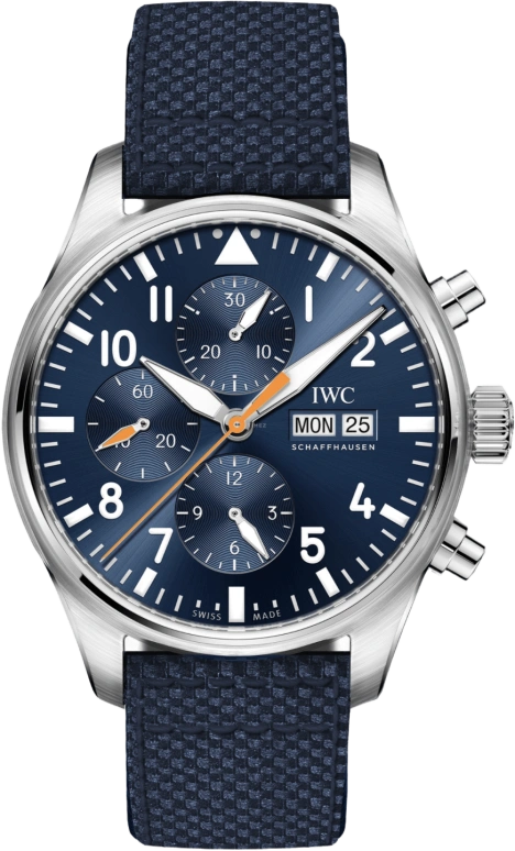 IWC,Pilot 43mm,43mm,Stainless Steel,Blue,Automatic,Chronograph,Date,Day,Anti-magnetic,44hours,In-house Caliber,IW377729