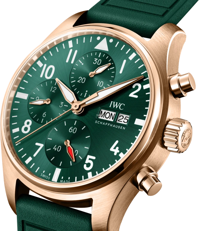 IWC,Pilot 41mm,41mm,Yellow Gold,Green,Automatic,Chronograph,Date,Day,IW388110