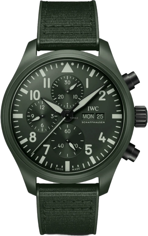 IWC,Pilot 44.50mm,44.50mm,Ceramic,Ceratanium,Green,Automatic,Chronograph,Date,Day,Anti-magnetic,48hours,In-house Caliber,IW389106