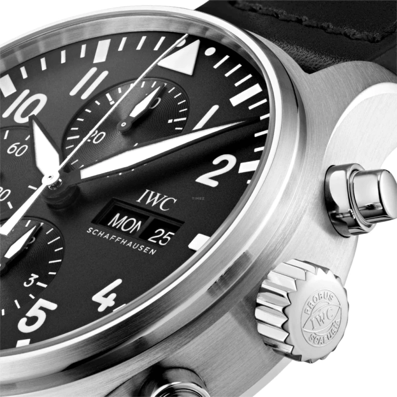 IWC,Pilot 43mm,43mm,Stainless Steel,Black,Automatic,Chronograph,Date,Day,Anti-magnetic,44hours,In-house Caliber,IW377709