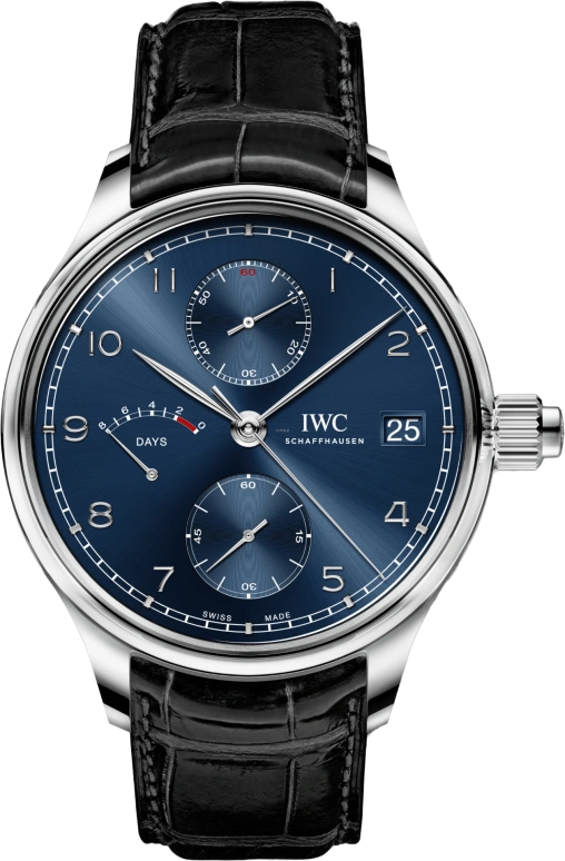 IWC,Portugieser 46mm,46mm,Stainless Steel,Blue,Handwound,Chronograph,Day,Power Reserve Indicator,IW515301