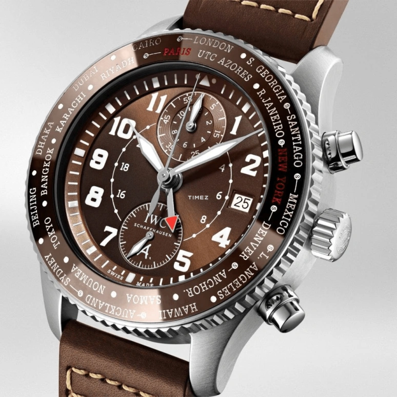 IWC,Pilot 44mm,44mm,Stainless Steel,Brown,Automatic,Chronograph,Day,World Time,Flyback,68hours,In-house Caliber,IW395003