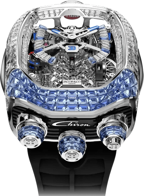 Jacob & Co.,Bugatti Chiron 55x44mm,55x44mm,White Gold,Sapphire,Crystal,Silver,Blue,Handwound,Power Reserve Indicator,Tourbillon,BU800,BU800.30.AH.UA.A