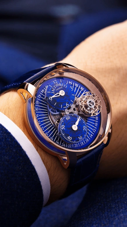 Jacob & Co.,Astronomia 43mm,43mm,Rose Gold,Sapphire,Skeleton,Blue,Handwound,Tourbillon,Sapphire,Crystal Glass,AR200,AR200.40.AA.AA.A
