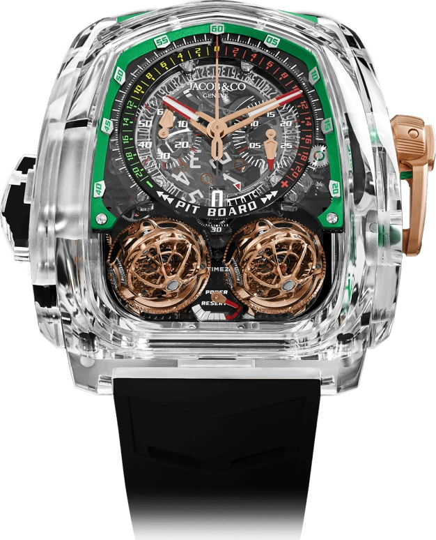 Jacob & Co.,Twin Turbo Furious 59.23x53.27mm,59.23x53.27mm,Sapphire,Crystal,Skeleton,Handwound,Chronograph,Power Reserve Indicator,Tourbillon,Minute Repeater,Sapphire,Crystal Glass,Other,TT220,TT220.80.AA.UC.ABRUA
