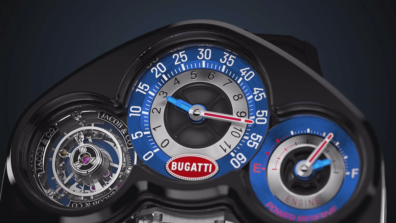 Jacob & Co.,Bugatti Chiron 52x44mm,52x44mm,Titanium,Blue,Silver,Handwound,Power Reserve Indicator,Tourbillon,Jumping Minutes,Jumping Hours,48hours,In-house Caliber,JAY-Z,Jazzy,JAY Z,BU300,BU300.21.AA.AA.A