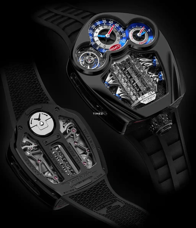 Jacob & Co.,Bugatti Chiron 52x44mm,52x44mm,Titanium,Blue,Silver,Handwound,Power Reserve Indicator,Tourbillon,Jumping Minutes,Jumping Hours,48hours,In-house Caliber,JAY-Z,Jazzy,JAY Z,BU300,BU300.21.AA.AA.A