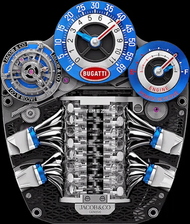 Jacob & Co.,Bugatti Chiron 52x44mm,52x44mm,Titanium,Blue,Silver,Handwound,Power Reserve Indicator,Tourbillon,Jumping Minutes,Jumping Hours,48hours,In-house Caliber,JAY-Z,Jazzy,JAY Z,BU300,BU300.21.AA.AA.A