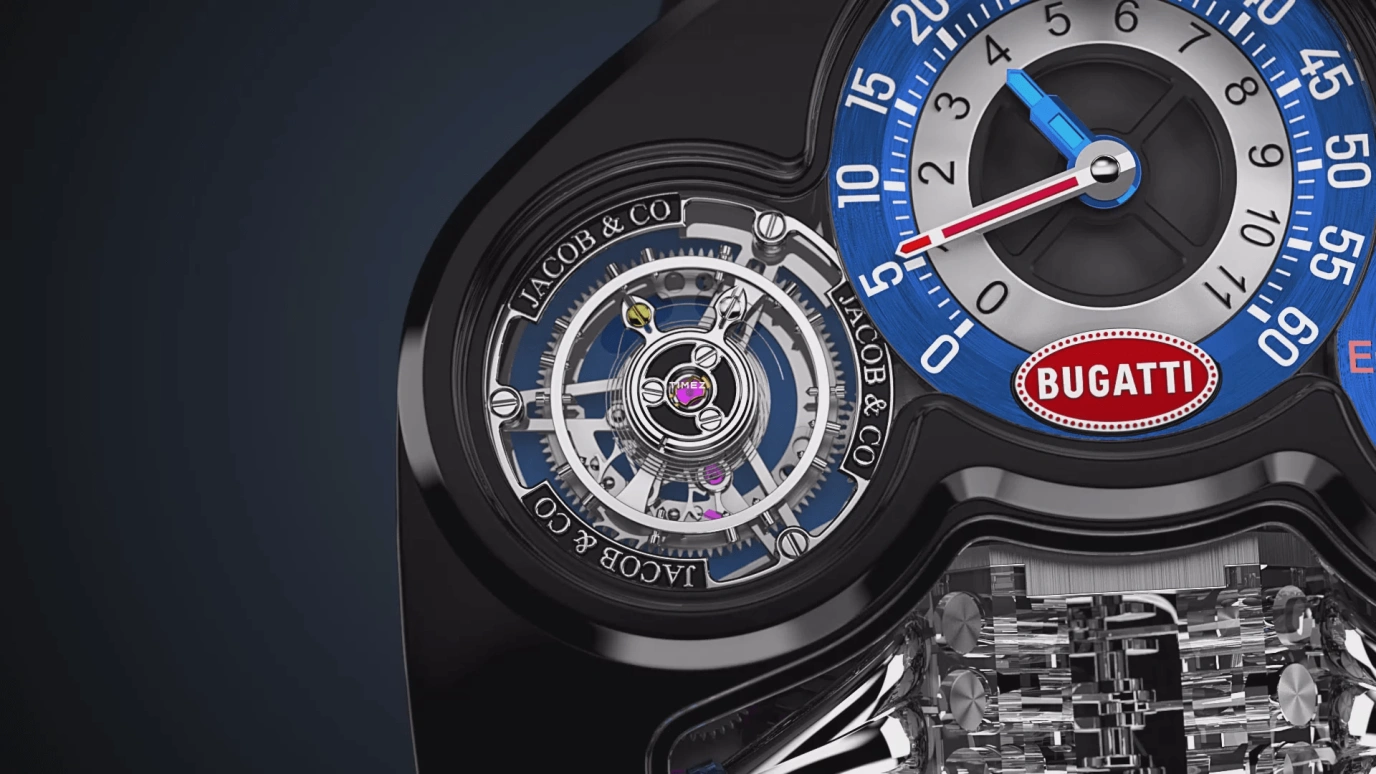 Jacob & Co.,Bugatti Chiron 52x44mm,52x44mm,Titanium,Blue,Silver,Handwound,Power Reserve Indicator,Tourbillon,Jumping Minutes,Jumping Hours,48hours,In-house Caliber,JAY-Z,Jazzy,JAY Z,BU300,BU300.21.AA.AA.A