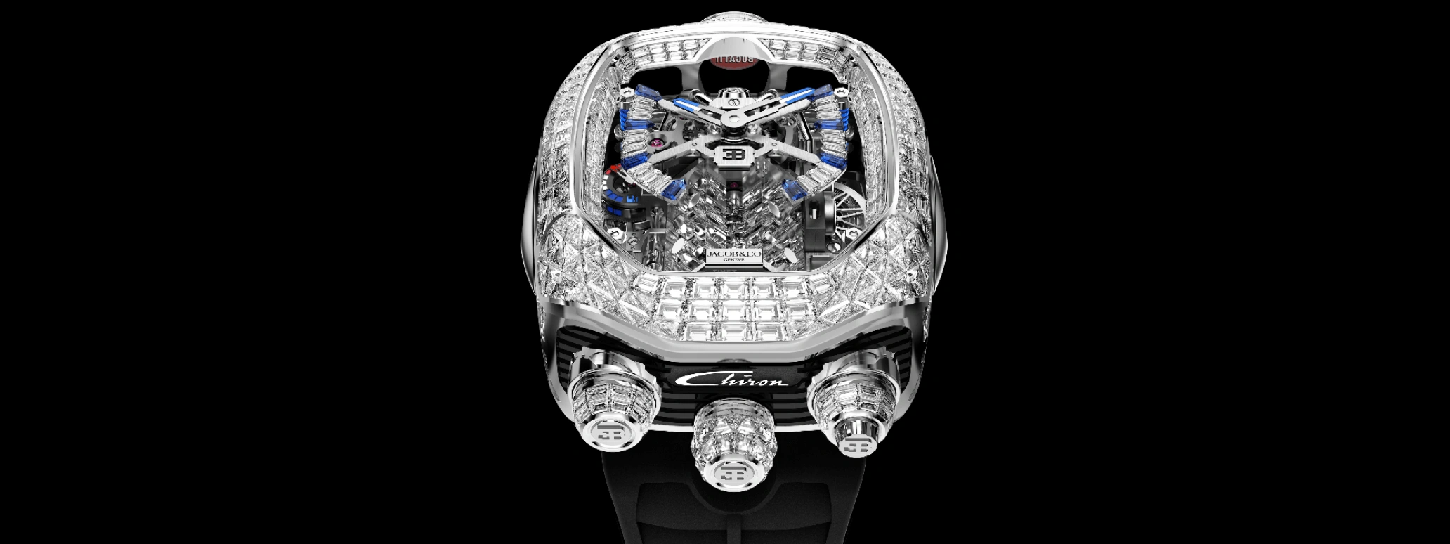 Jacob & Co.,Bugatti Chiron 55x44mm,55x44mm,White Gold,Skeleton,Handwound,Chronograph,Tourbillon,Gucci Mane,BU800,BU800.30.BD.BD.A