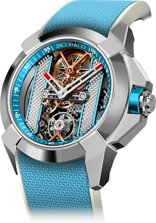 Jacob & Co.,EPIC 44mm,44mm,Stainless Steel,Skeleton,Handwound,Sapphire,Crystal Glass,Round,EX120,EX120.10.AC.AB.ABRUA