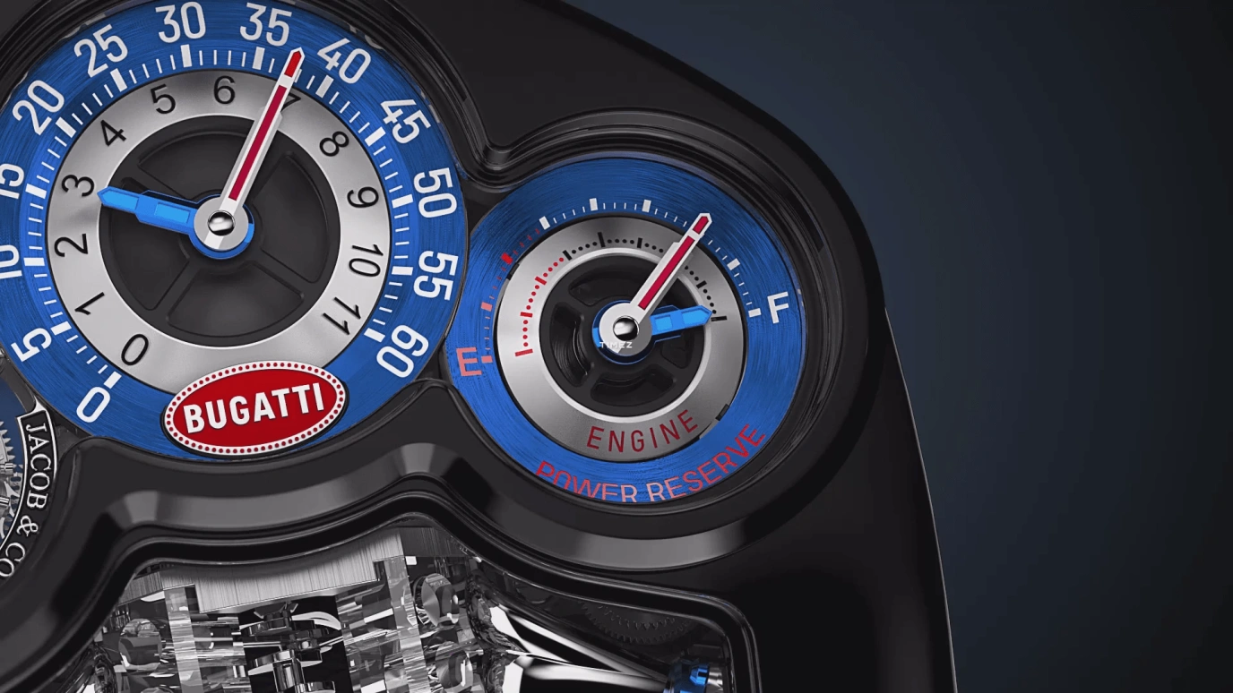 Jacob & Co.,Bugatti Chiron 52x44mm,52x44mm,Titanium,Blue,Silver,Handwound,Power Reserve Indicator,Tourbillon,Jumping Minutes,Jumping Hours,48hours,In-house Caliber,JAY-Z,Jazzy,JAY Z,BU300,BU300.21.AA.AA.A
