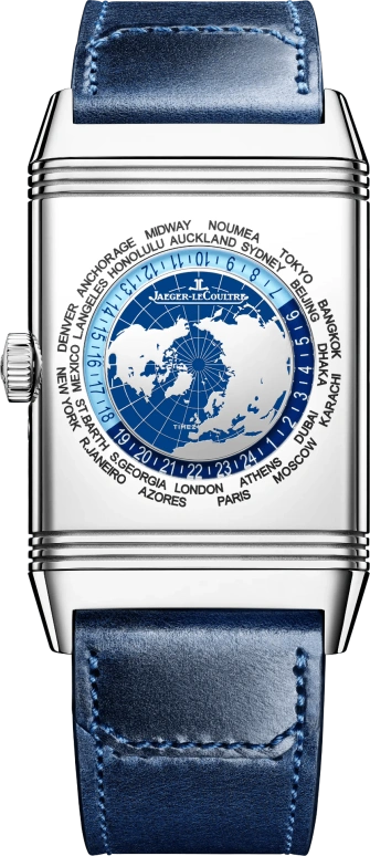 Jaeger-LeCoultre,Reverso 49.40x29.90mm,49.40x29.90mm,Stainless Steel,Blue,Silver,Handwound,World Time,Big Date,Day / Night Indication,Q714845J