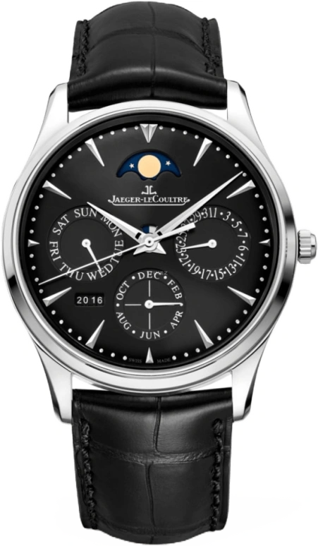 Jaeger-LeCoultre,Master 39mm,39mm,Stainless Steel,Black,Automatic,Moonphase,Perpetual Calendar,Month,Date,38hours,In-house Caliber,Q1308470