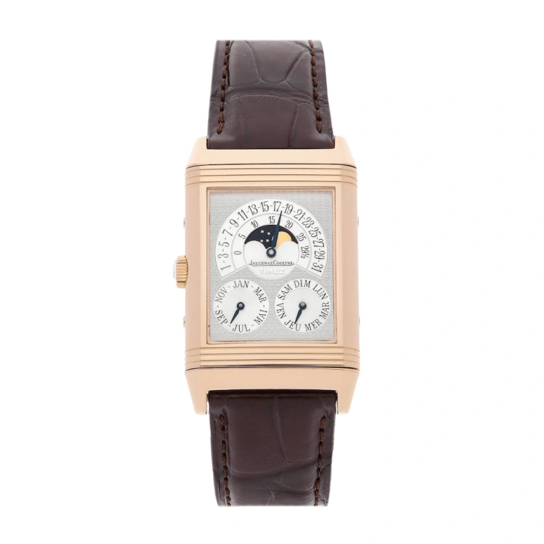 Jaeger-LeCoultre,Reverso 36.60x26mm,36.60x26mm,Rose Gold,Silver White,Handwound,Moonphase,Perpetual Calendar,Annual Calendar,Month,In-house Caliber,Sapphire,Crystal Glass,Q2152420