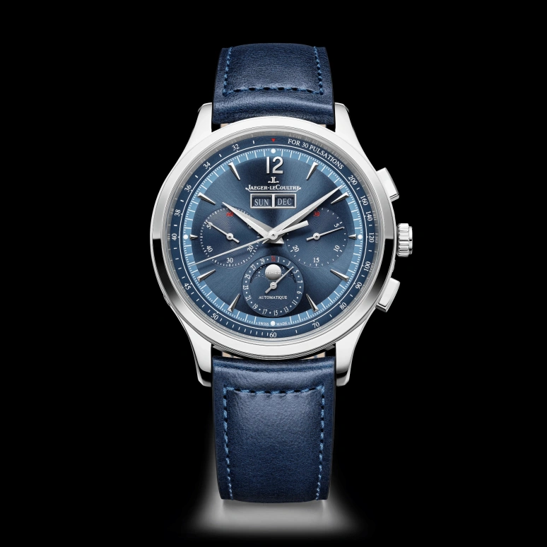 Jaeger-LeCoultre,Master 40mm,40mm,Stainless Steel,Blue,Automatic,Chronograph,Moonphase,Month,Date,65hours,In-house Caliber,Q4138180