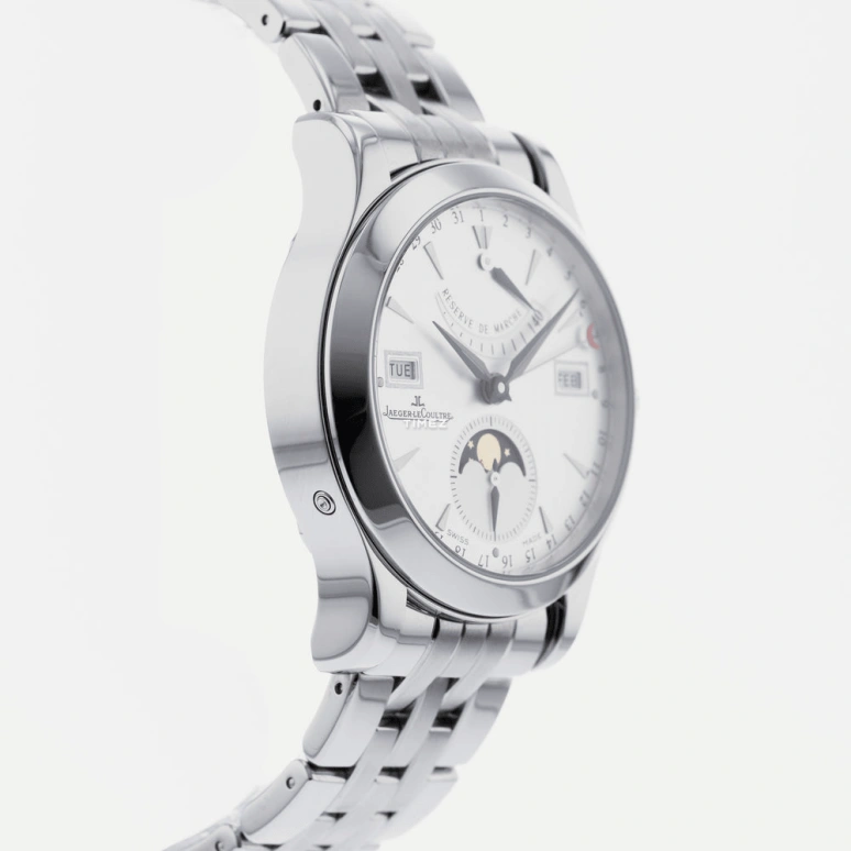 Jaeger-LeCoultre,Master 40mm,40mm,Stainless Steel,Silver,Grey,Automatic,Moonphase,Month,Date,Day,In-house Caliber,Sapphire,Crystal Glass,Q151812A