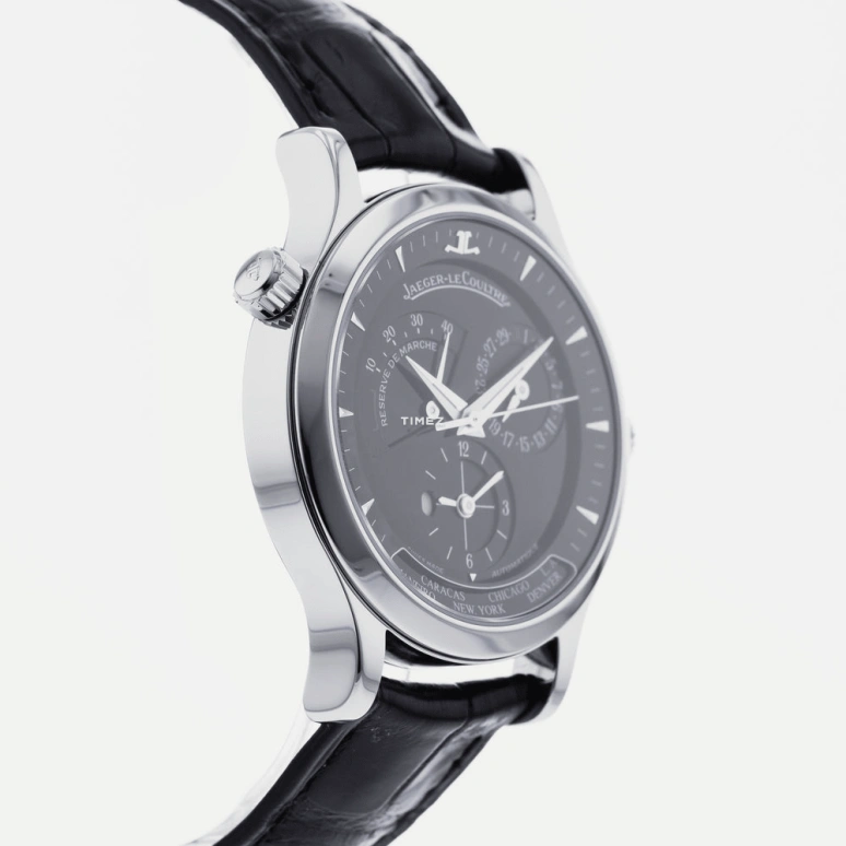 Jaeger-LeCoultre,Master 38mm,38mm,Stainless Steel,Black,Automatic,Day,Power Reserve Indicator,World Time,Q1428470