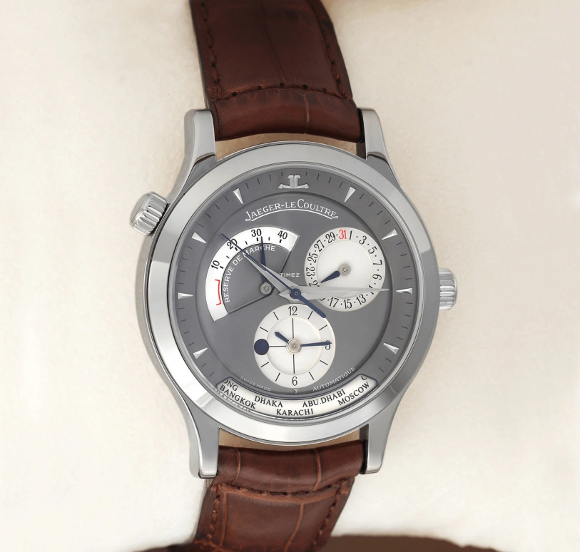Jaeger-LeCoultre,Master 38mm,38mm,White Gold,Grey,Black,Automatic,Day,Power Reserve Indicator,World Time,Q1423470