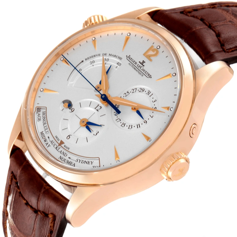Jaeger-LeCoultre,Master 39mm,39mm,Rose Gold,Luminous,Silver,Automatic,Day,Power Reserve Indicator,Dule Time,World Time,In-house Caliber,Sapphire,Crystal Glass,Q1422421
