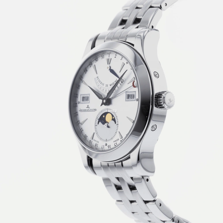 Jaeger-LeCoultre,Master 40mm,40mm,Stainless Steel,Silver,Grey,Automatic,Moonphase,Month,Date,Day,In-house Caliber,Sapphire,Crystal Glass,Q151812A