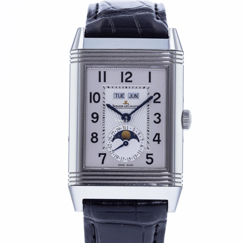 Jaeger-LeCoultre,Reverso 29.90mm,29.90mm,Stainless Steel,Silver,Handwound,Moonphase,Month,Date,Day,45hours,In-house Caliber,Q3758420