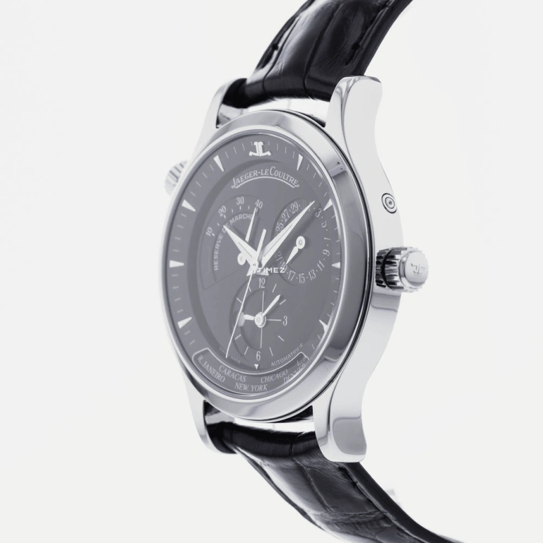 Jaeger-LeCoultre,Master 38mm,38mm,Stainless Steel,Black,Automatic,Day,Power Reserve Indicator,World Time,Q1428470