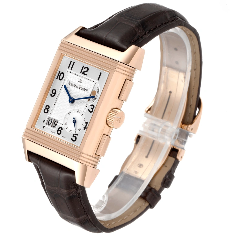 Jaeger-LeCoultre,Reverso 39mm,39mm,Rose Gold,White,Black,Handwound,Power Reserve Indicator,Dule Time,Big Date,Day / Night Indication,Sapphire,Crystal Glass,Rectangular,Q3022420