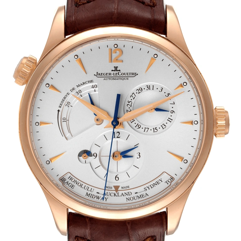 Jaeger-LeCoultre,Master 39mm,39mm,Rose Gold,Luminous,Silver,Automatic,Day,Power Reserve Indicator,Dule Time,World Time,In-house Caliber,Sapphire,Crystal Glass,Q1422421
