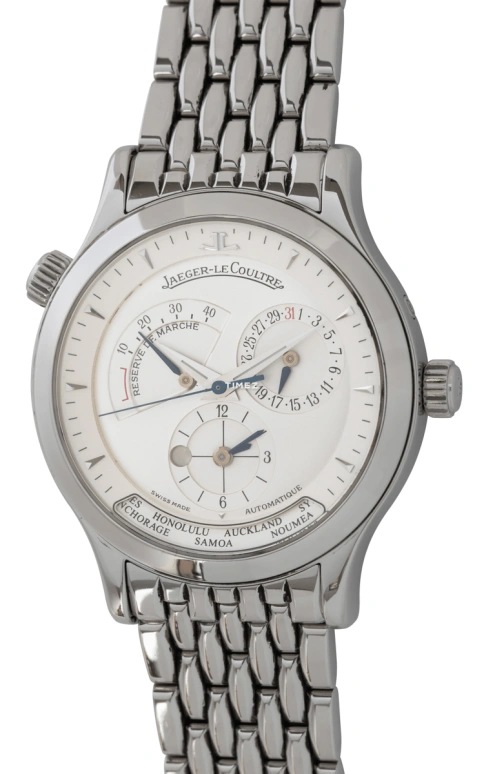Jaeger-LeCoultre,Master 38mm,38mm,Stainless Steel,Silver White,Automatic,Day,Power Reserve Indicator,World Time,Q1428120