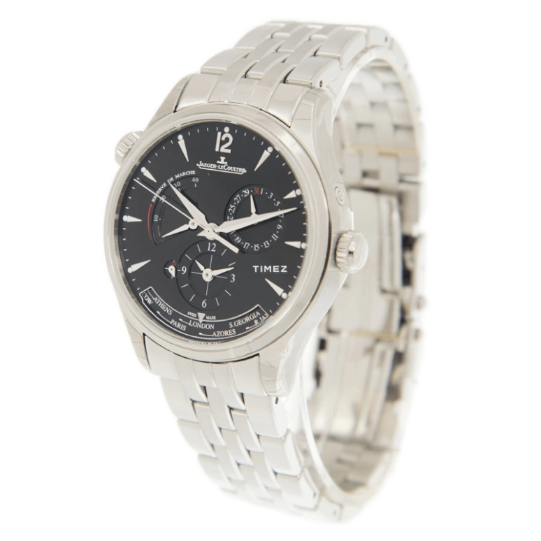 Jaeger-LeCoultre,Master 39mm,39mm,Stainless Steel,Black,Automatic,Day,Power Reserve Indicator,World Time,Q1428171
