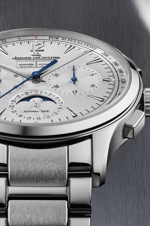 Jaeger-LeCoultre,Master 40mm,40mm,Stainless Steel,Silver,Automatic,Chronograph,Moonphase,Month,Date,65hours,In-house Caliber,Q413813J