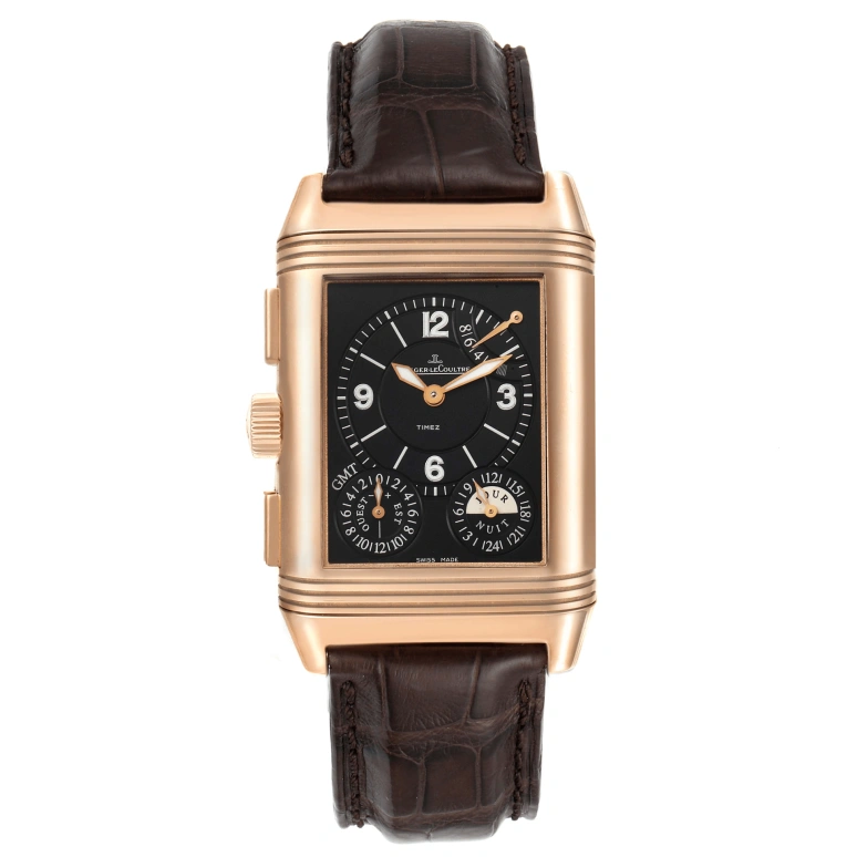 Jaeger-LeCoultre,Reverso 39mm,39mm,Rose Gold,White,Black,Handwound,Power Reserve Indicator,Dule Time,Big Date,Day / Night Indication,Sapphire,Crystal Glass,Rectangular,Q3022420