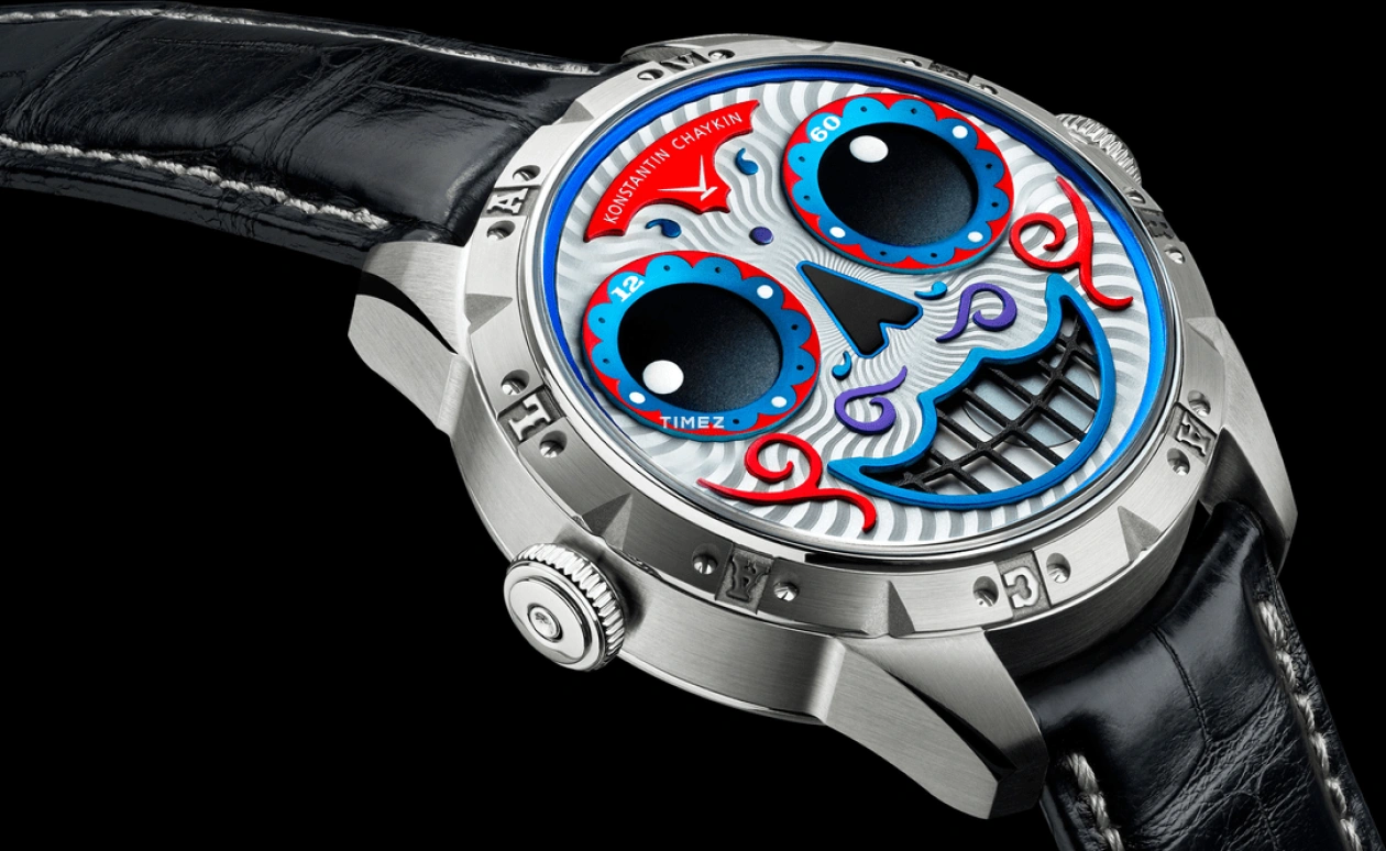 Konstantin Chaykin,Wristmons 42mm,42mm,Stainless Steel,Silver,Blue,Red,Automatic,Moonphase,Sapphire,Crystal Glass,Calavera