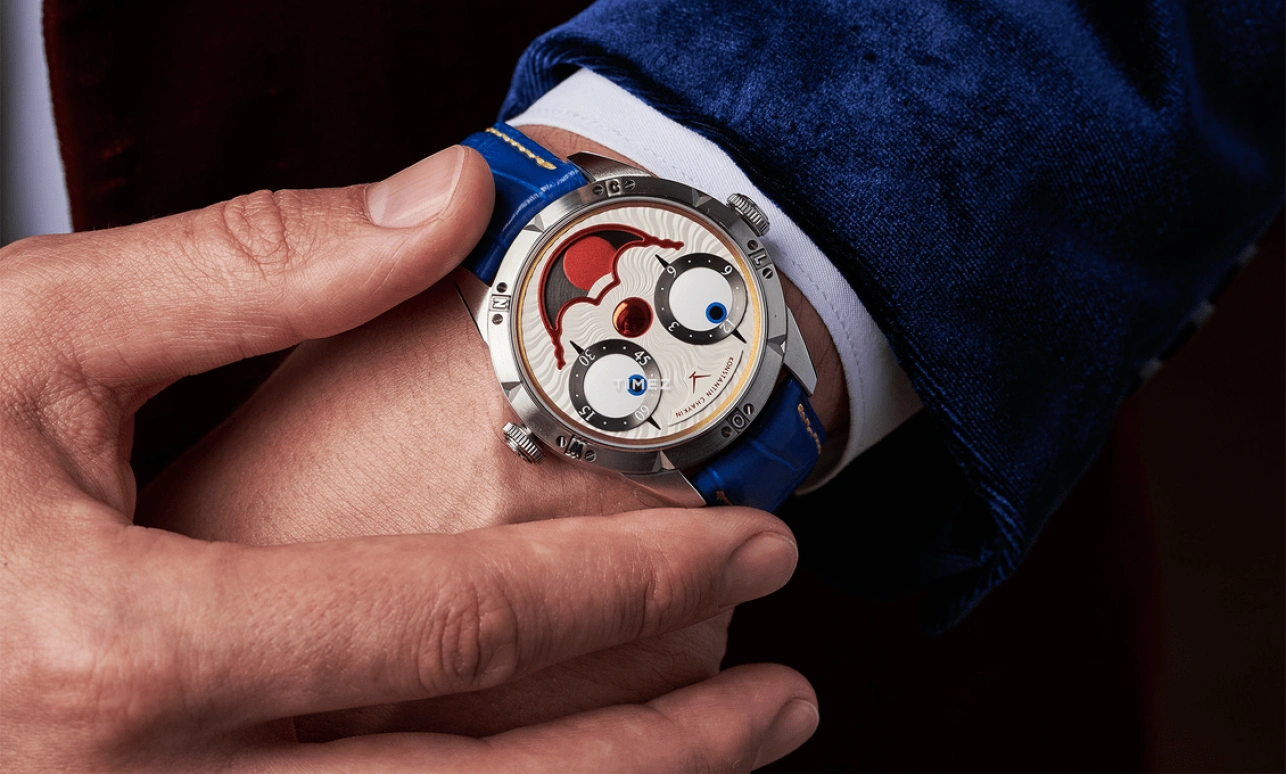 Konstantin Chaykin,Wristmons 42mm,42mm,Stainless Steel,Silver,White,Red,Automatic,Moonphase,Sapphire,Crystal Glass,Clown II Audacity