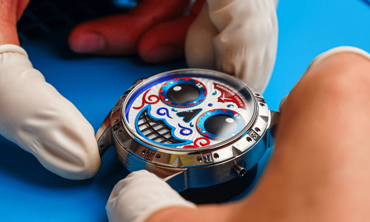 Konstantin Chaykin,Wristmons 42mm,42mm,Stainless Steel,Silver,Blue,Red,Automatic,Moonphase,Sapphire,Crystal Glass,Calavera