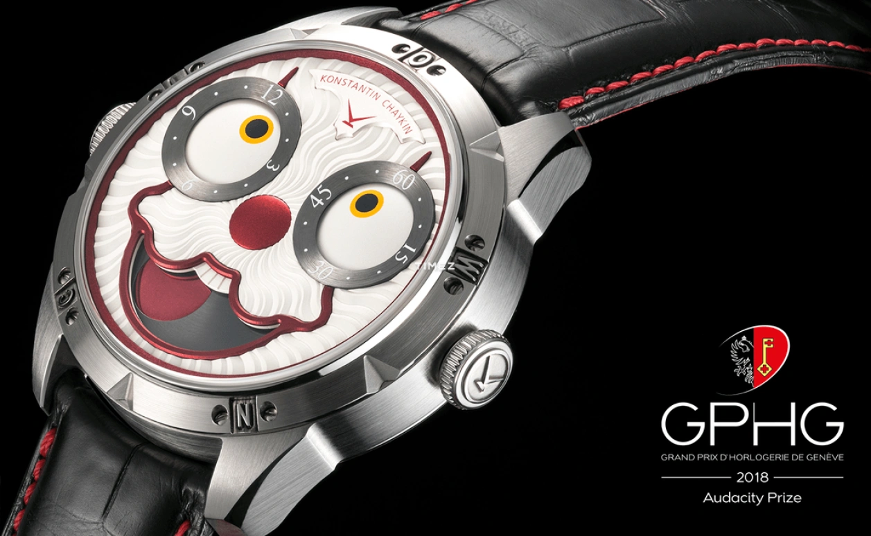 Konstantin Chaykin,Wristmons 42mm,42mm,Stainless Steel,White,Red,Grey,Automatic,Moonphase,Sapphire,Crystal Glass,Clown