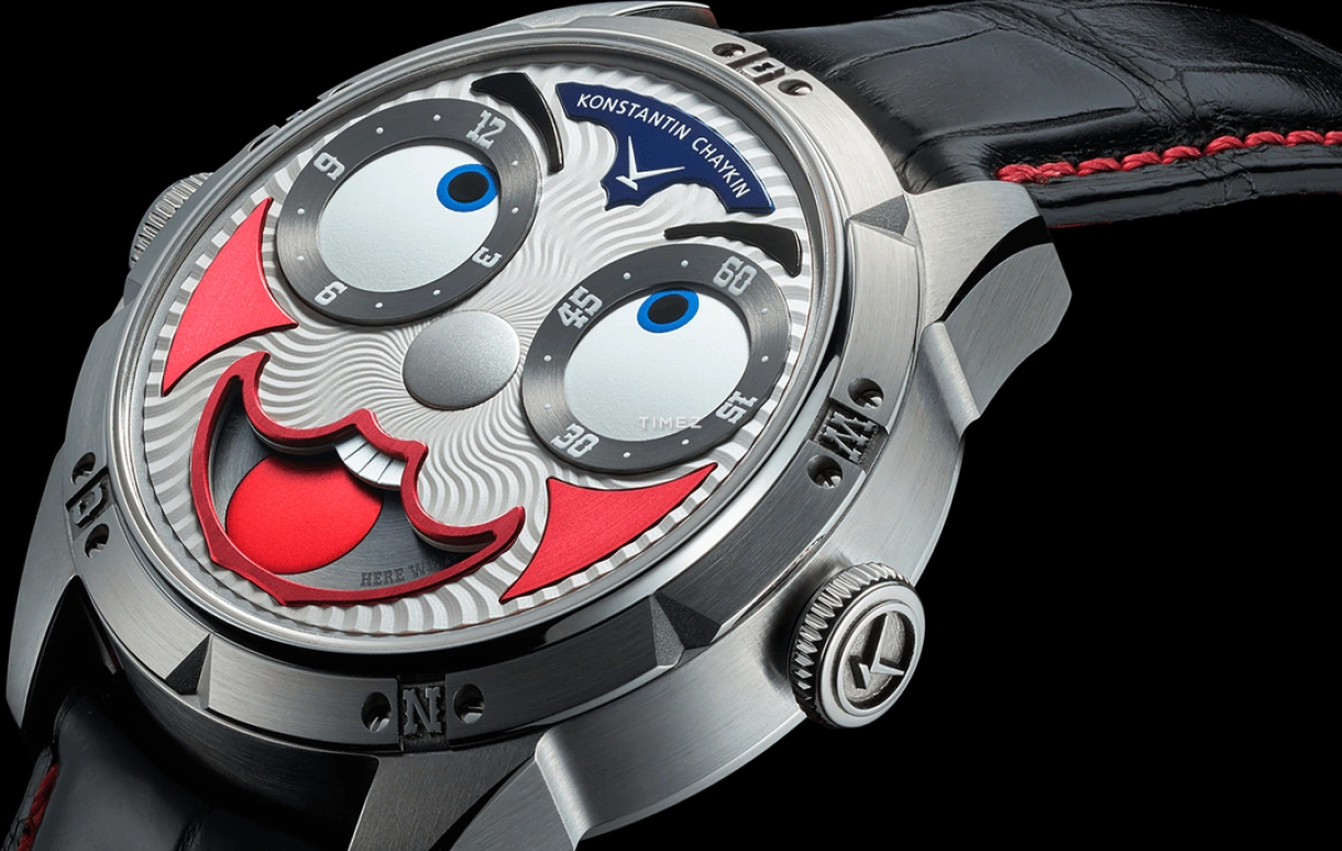 Konstantin Chaykin,Wristmons 42mm,42mm,Stainless Steel,Grey,Red,Automatic,Moonphase,Sapphire,Crystal Glass,Grimaldi The Clown