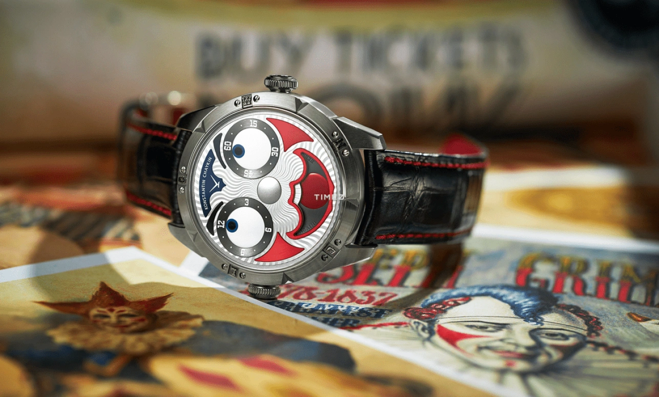 Konstantin Chaykin,Wristmons 42mm,42mm,Stainless Steel,Grey,Red,Automatic,Moonphase,Sapphire,Crystal Glass,Grimaldi The Clown