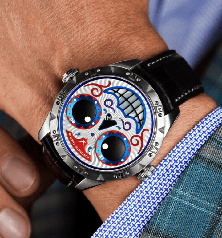 Konstantin Chaykin,Wristmons 42mm,42mm,Stainless Steel,Silver,Blue,Red,Automatic,Moonphase,Sapphire,Crystal Glass,Calavera