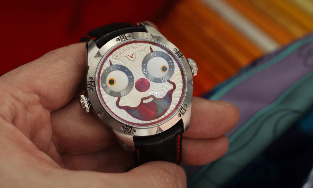 Konstantin Chaykin,Wristmons 42mm,42mm,Stainless Steel,White,Red,Grey,Automatic,Moonphase,Sapphire,Crystal Glass,Clown