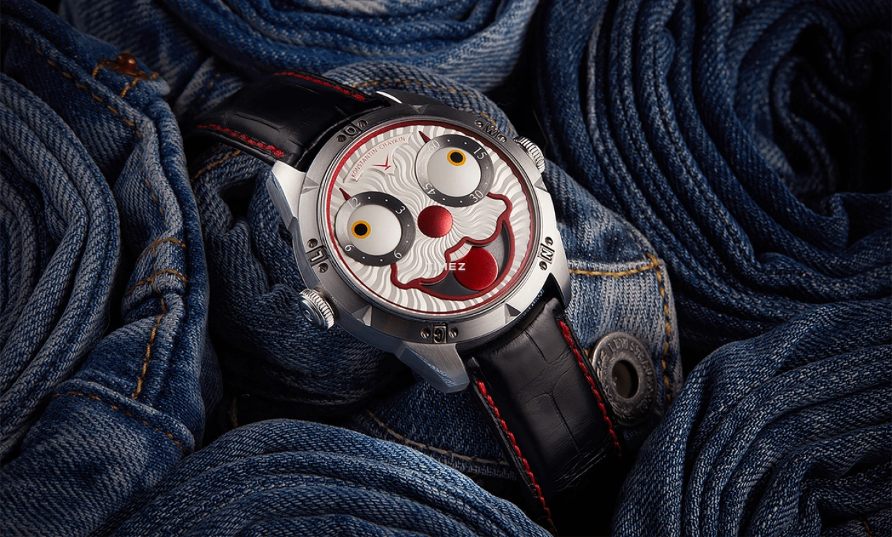Konstantin Chaykin,Wristmons 42mm,42mm,Stainless Steel,White,Red,Grey,Automatic,Moonphase,Sapphire,Crystal Glass,Clown